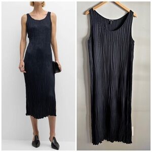 Eileen Fisher Crinkled Cupro Black Midi Tank Dress XL Minimalist Pleated